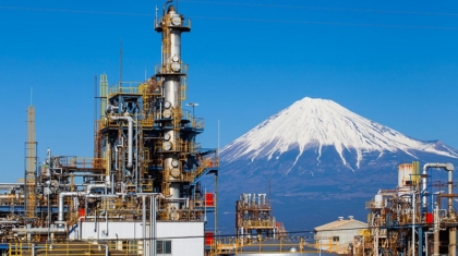 Japan oil refinery plant with mountain Fuji in background