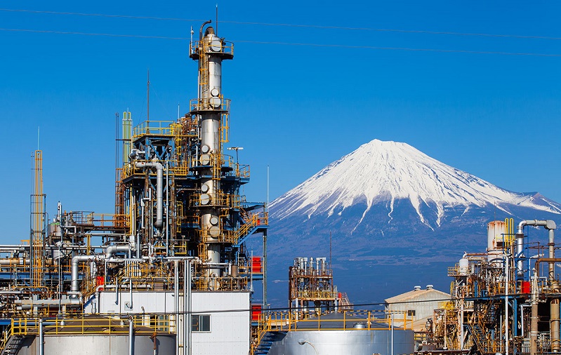 Japan oil refinery plant with mountain Fuji in background