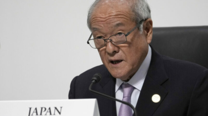 Japanese Finance Minister Shunichi Suzuki speaks during the presidency press conference at the G7 meeting of finance ministers and central bank governors, at Toki Messe in Niigata, Japan, Saturday, May 13, 2023. (AP Photo/Shuji Kajiyama, Pool)