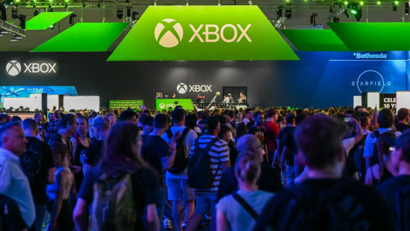 A photo shows visitors in front of the Xbox booth at the Gamescom video game fair in Cologne, western Germany on August 24, 2023. According to the organisers, around 1,100 exhibitors from 53 countries will be presenting their products during the fair running until August 27, 2023. (Photo by Ina FASSBENDER / AFP) (Photo by INA FASSBENDER/AFP via Getty Images)