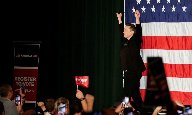 Tesla CEO and X owner Elon Musk, who supports Republican presidential nominee former U.S. President Donald Trump, gestures during an America PAC Town Hall in Folsom, Pennsylvania, U.S., October 17, 2024. REUTERS/Rachel Wisniewski